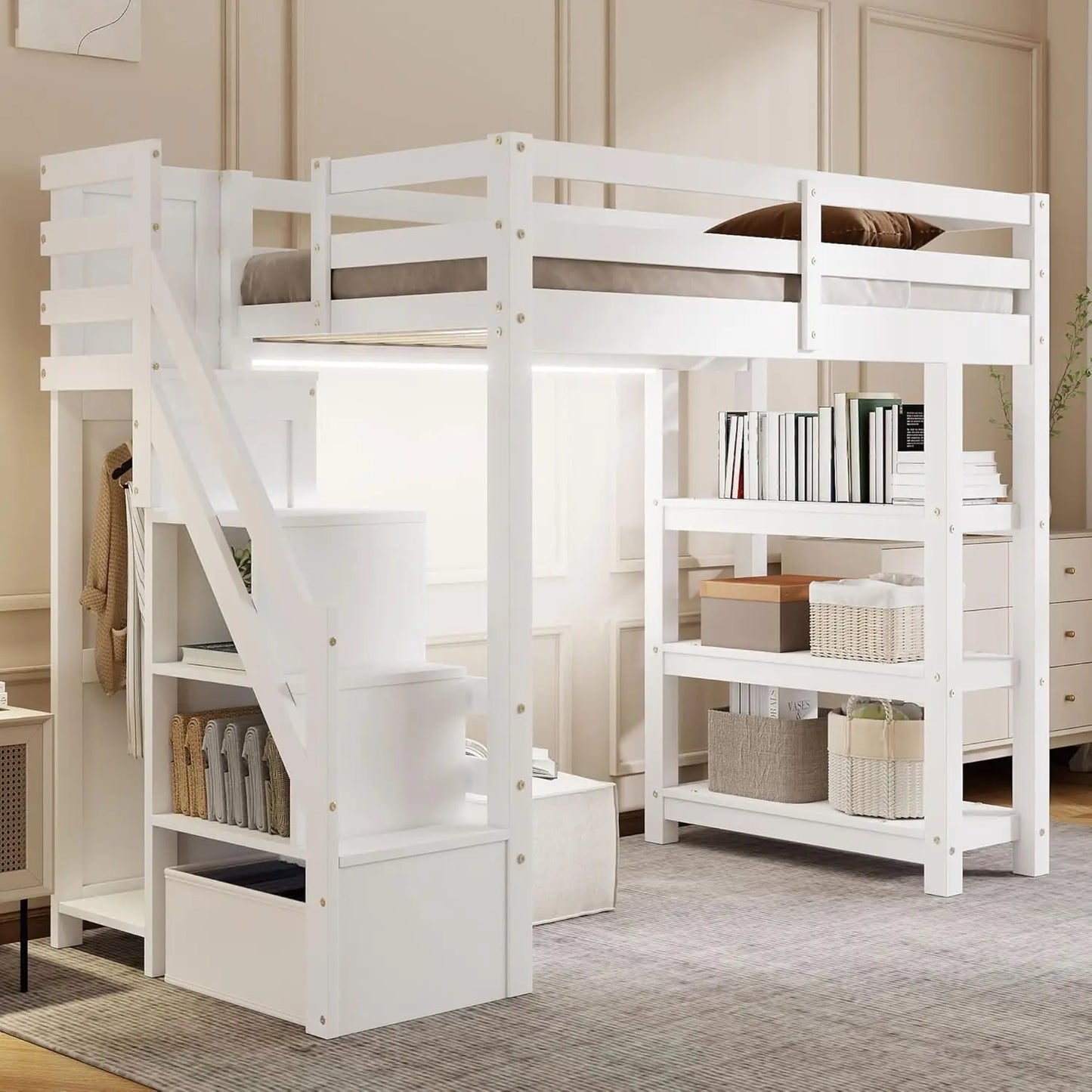Solid Wood Loft Bed with L-Shaped Desk, Twin Loft Bed with Storage Drawers and Cabinets, White, Customized