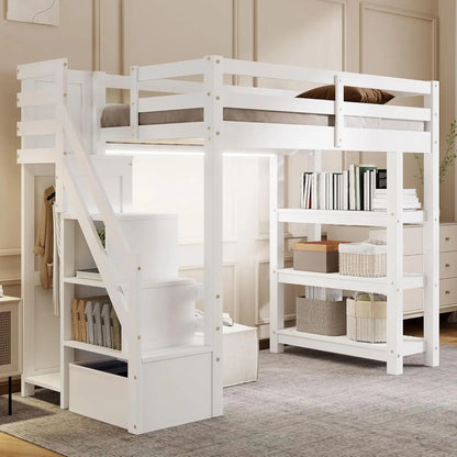 Solid Wood Loft Bed with L-Shaped Desk, Twin Loft Bed with Storage Drawers and Cabinets, White, Customized
