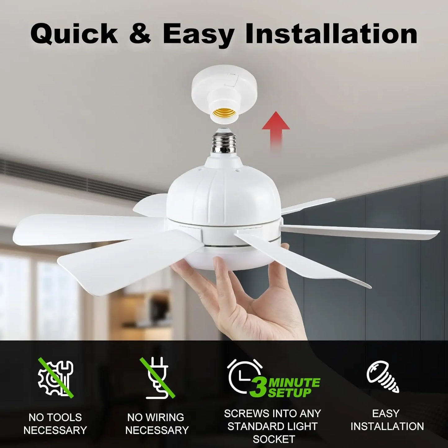 Socket LED Ceiling Fan Light E26 with Remote, Dimmable, 3 Colors, Speed Change, Suitable for Living Room, Study, Household Use