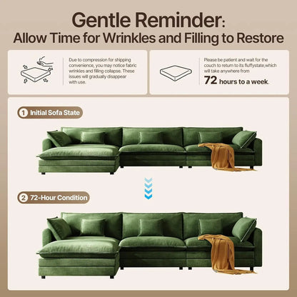 102'' Modular Sectional Sofa - Green Cloud Couch with Movable Ottoman L-Shaped Living Room Furniture Modern Customized Design