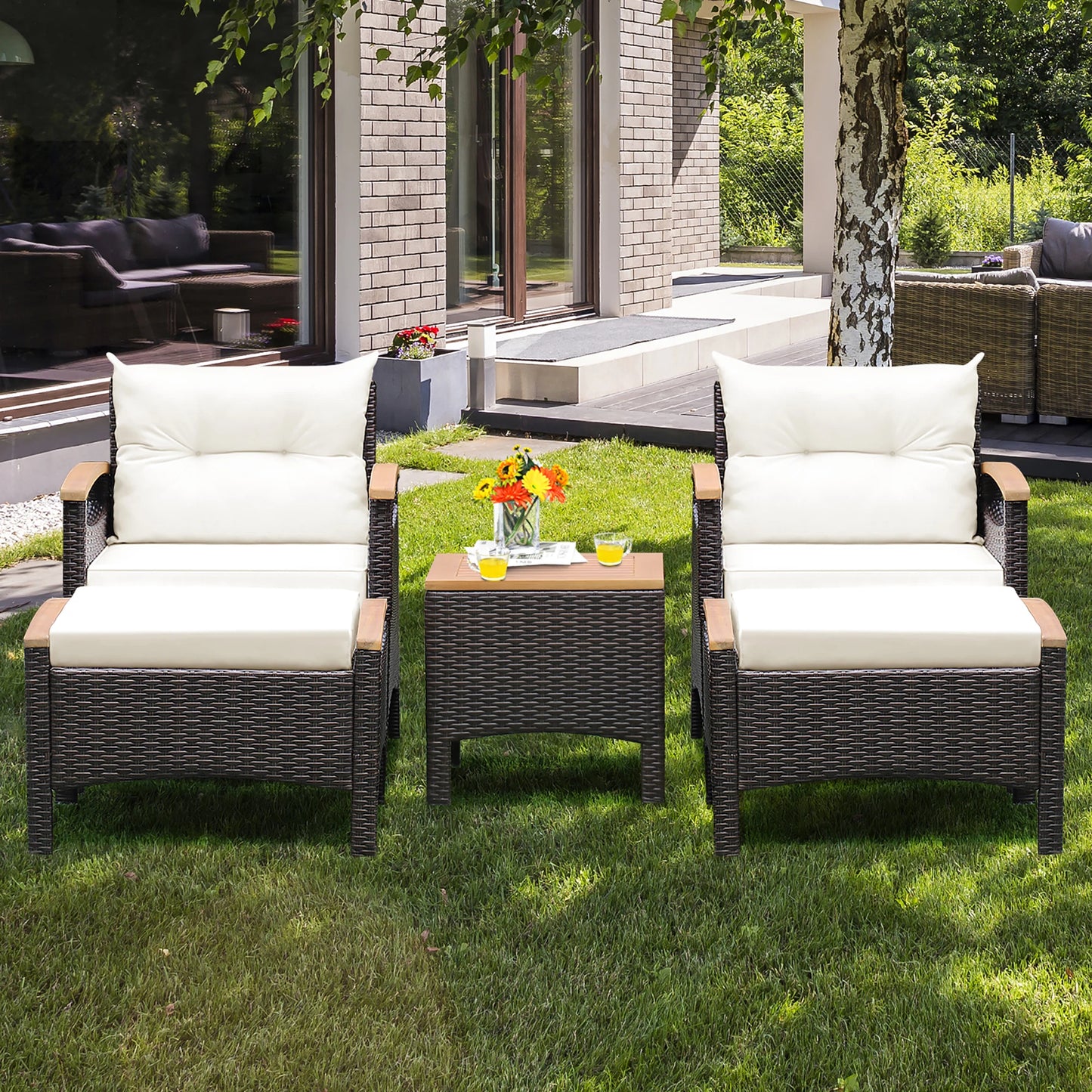 5PCS Patio Rattan Furniture Set Sofa Ottoman Cushioned Table W/Wood Top