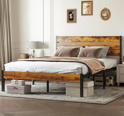 Full Size Bed Frame with Headboard, 800LBS Support, Under Bed Storage, Easy Assembly, Rust Brown - Durable Metal Foundation