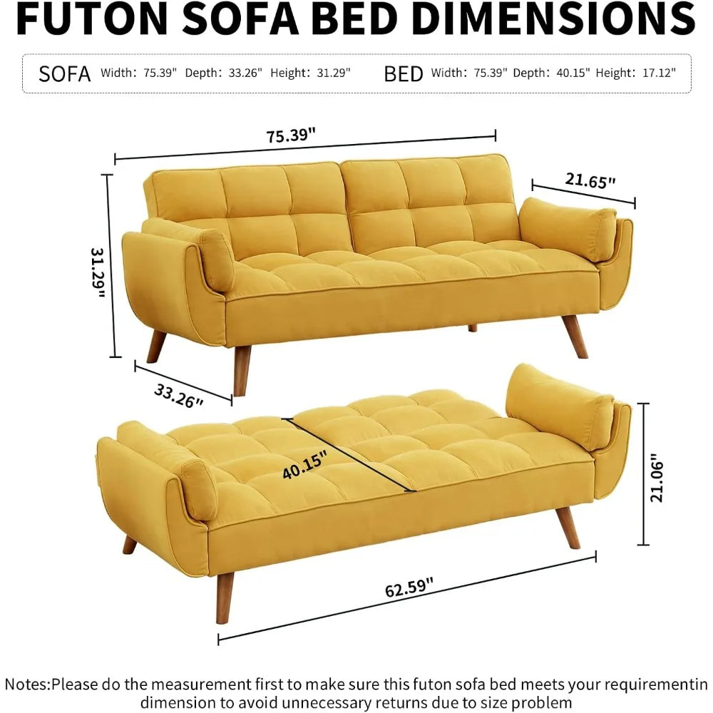 Convertible Futon Sofa Bed,Linen Sleeper Couch, 75" W Modern 3 Seater Tufted Sofa with Adjustable Backrests and Solid,Customized