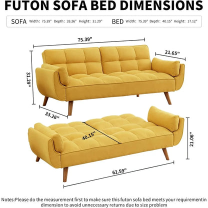 Convertible Futon Sofa Bed,Linen Sleeper Couch, 75" W Modern 3 Seater Tufted Sofa with Adjustable Backrests and Solid,Customized