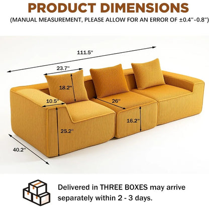 111.5" Cloud Couch, Modular Boneless Sectional Sofa for Living Room & Bedroom, Deep Seat 3-Seater Corduroy Modular Sofa Couch