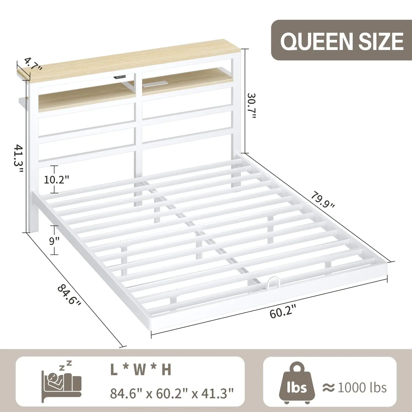 Floating Bed Frame Queen Size with Storage Headboard,Modern Metal Platform with Smart LED Lights and Charging, Customized