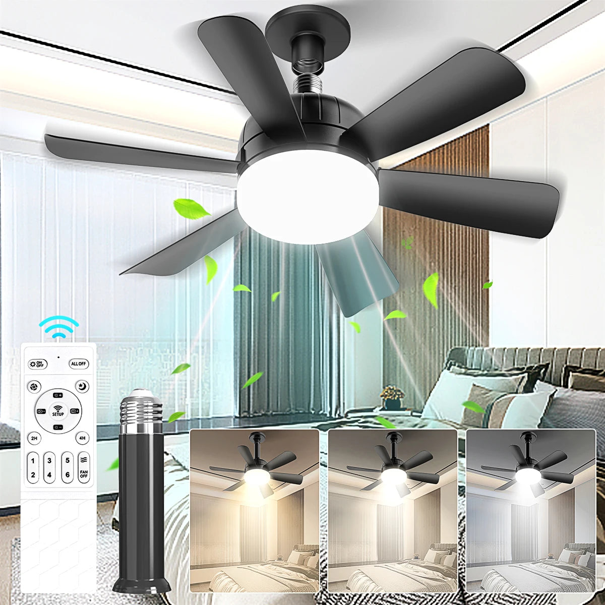 Socket LED Ceiling Fan Light E26 with Remote, Dimmable, 3 Colors, Speed Change, Suitable for Living Room, Study, Household Use