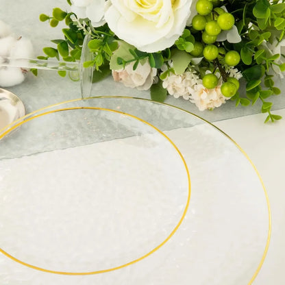 100Pcs Clear Gold Plastic Plates 7 Inch Hammered Disposable Heavy Duty Dessert Plates with Gold Rim Round Salad Plates for Wedd