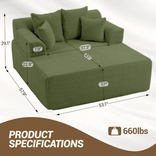 58" Chaise Lounge Chair Indoor, Green - Oversized Corduroy Boneless Sleeper Sofa Bed with Armrests and 4 Pillows, No Assembly