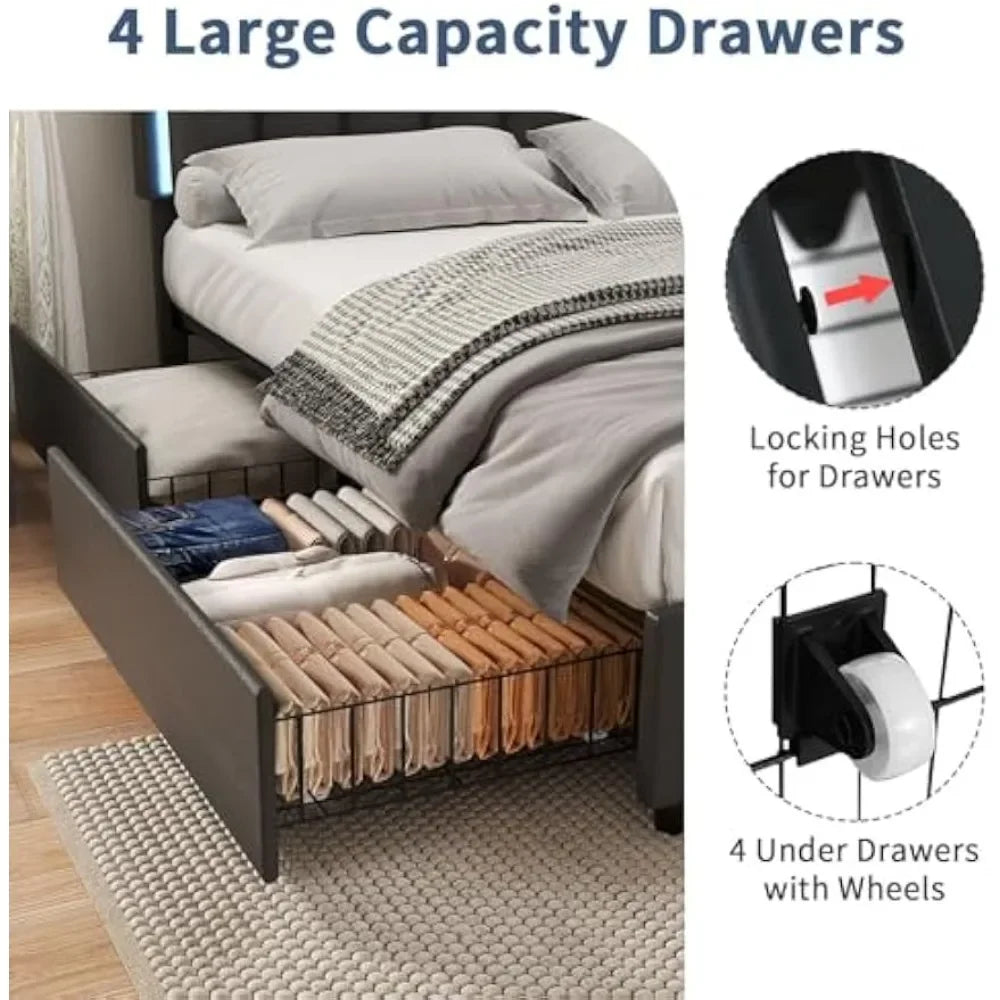 King Bed Frame with 4 Drawers Storage Bed Frame King Size with LED Lights Upholstered Bed Frame with Headboard,Customized