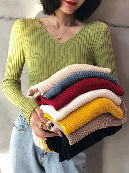 2025 Autumn Winter Women Solid Rib Knit V Neck Stripe Pull Sweater Femme Long Sleeve Pullover Jersey Tops Fashion Clothes Y2k