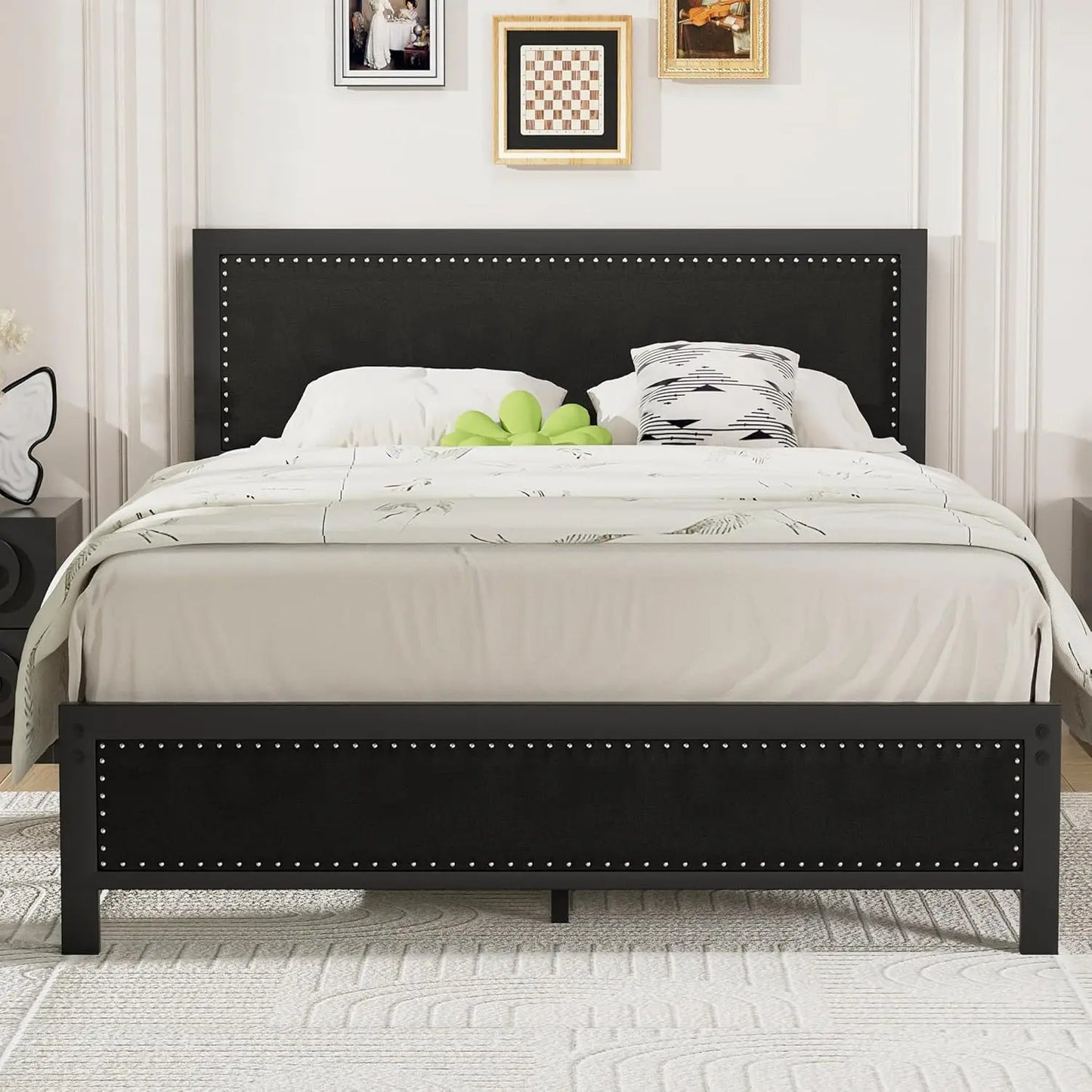 Queen Size Bed Frame with Upholstered Headboard, Heavy-Duty Platform w/Strong Metal Slats, No Box Spring Needed, Easy Assembly