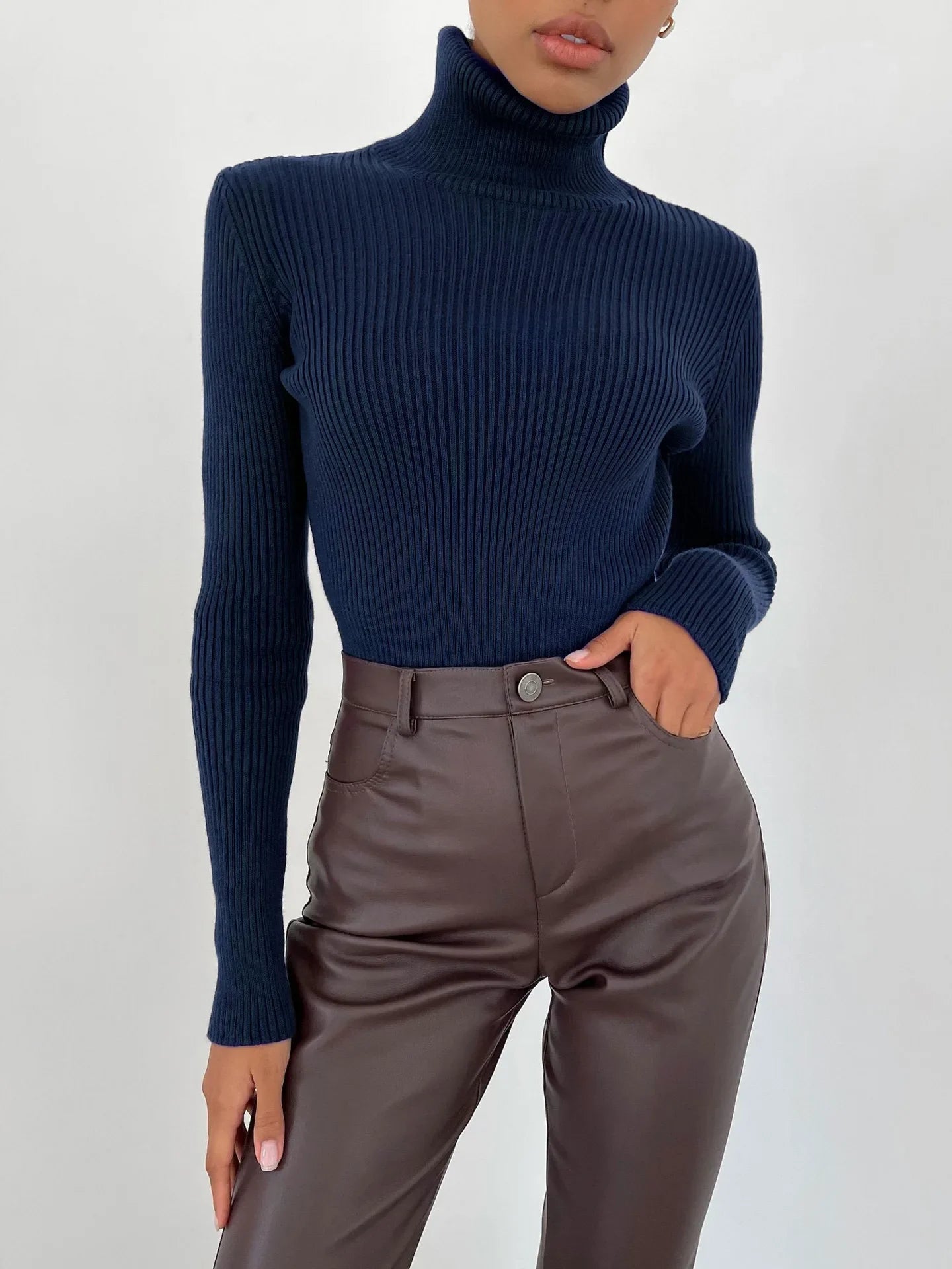2025 Autumn Winter Turtleneck Sweaters Slim Versatile Tops Women Soft Warm Pullover Ribbed Knitted Simple Elegant Women Sweater