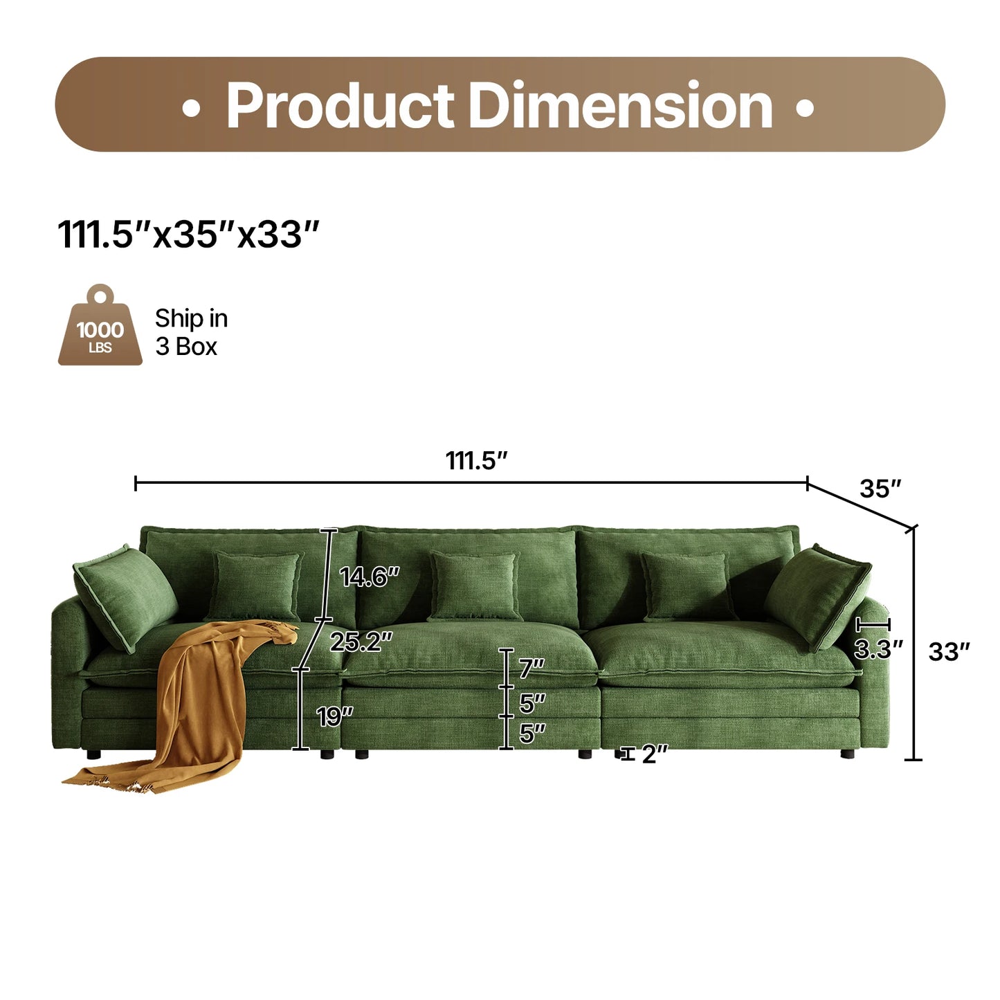 111.5" L Shaped Modern Sofa Modular Sectional Cloud Couch with Ottoman, 4-Seat Chenille Deep Seat Sofa with Pillow for Living Ro