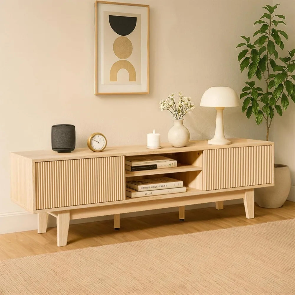 TV Stands for 55 60 65 inch TV, Oak Fluted TV Stand for Living Room Bedroom, Mid Century Modern TV Console Tables, Entertainment