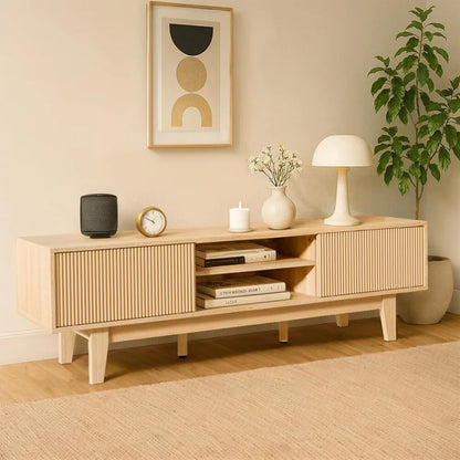 TV Stands for 55 60 65 inch TV, Oak Fluted TV Stand for Living Room Bedroom, Mid Century Modern TV Console Tables, Entertainment