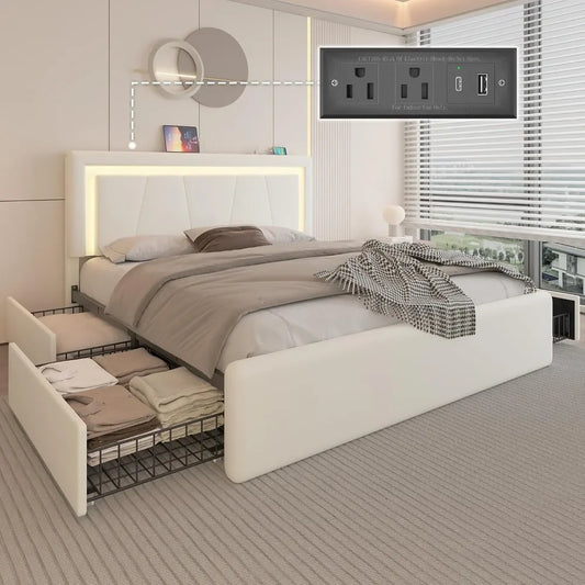 Upholstered Platform Bed Frame with 4 Storage Drawers LED Lights Adjustable Headboard And Charging Station for Bedroom Furniture