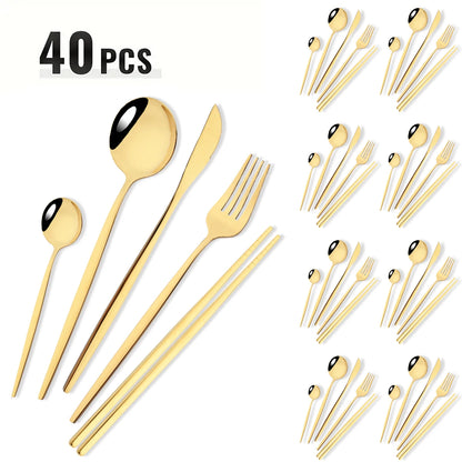 40pcs Black Gold Dinnerware Set Mirror Western Stainless Steel Cutlery Set Fork Knife Spoon Chopsticks Tableware Party Flatware