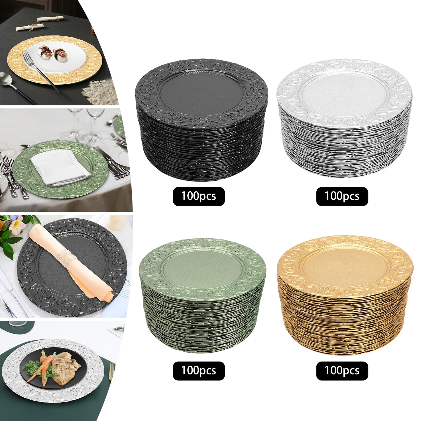 100-Piece Round Charger Plates Set in Black Silver Green Gold with Patterns Reusable Serving Plates for Weddings Banquets