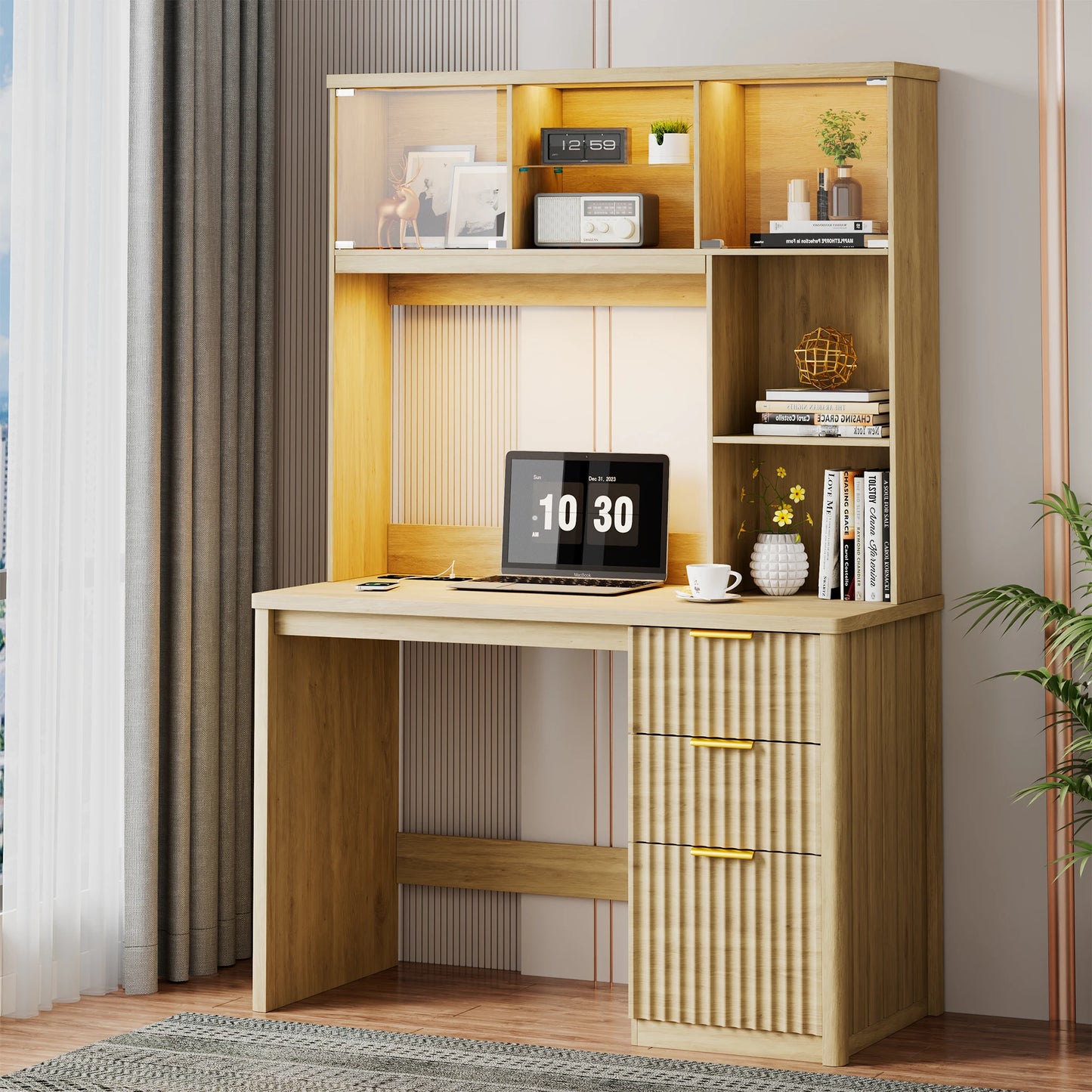 JDPAG LED Study Desk with Hutch & Storage Cabinet, 47" Home Office Desk with Outlet and 3 Color LED，Writing Desk for Bedroom