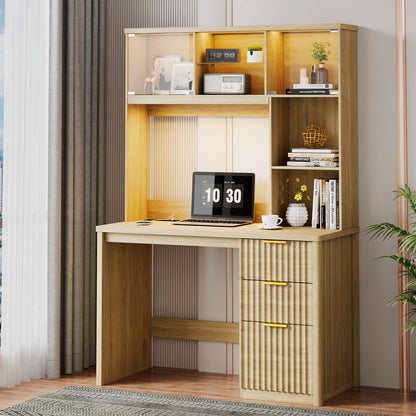 JDPAG LED Study Desk with Hutch & Storage Cabinet, 47" Home Office Desk with Outlet and 3 Color LED，Writing Desk for Bedroom