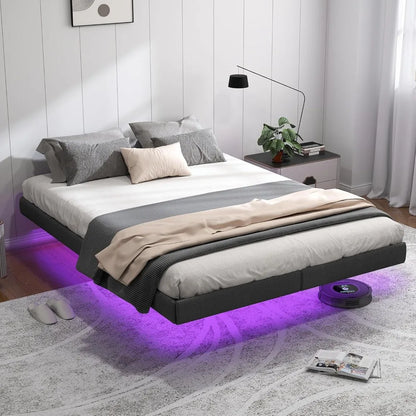 Floating Bed Frame Full with LED Lights, Metal Platform Full size Floating Bed Frame with Under Bed Storage, Heavy Duty Steel