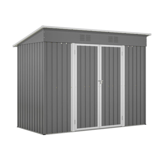 8 x 4 FT Metal Outdoor Storage Shed, Lean to Storage Shed, Garden Tool Storage House with Lockable Door and 2 Air Vents, Gray
