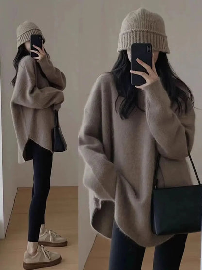 White Knitted Loose Long Sleeve Women's Base Shirt Sweater Autumn Winter High Sensation Inner Match Lazy Style Polyester Fiber