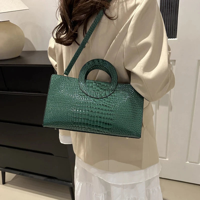 Women's Crocodile Pattern PU Leather Handbags Green Square Bag Fashion Brand Shoulder Messenger Bags Female Clutches