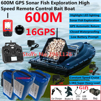 600M GPS Sonar Fish Exploration High Speed Remote Control Bait Boat Model 1.5KG 16GPS Constant Speed Cruise RC Bait Boat Model