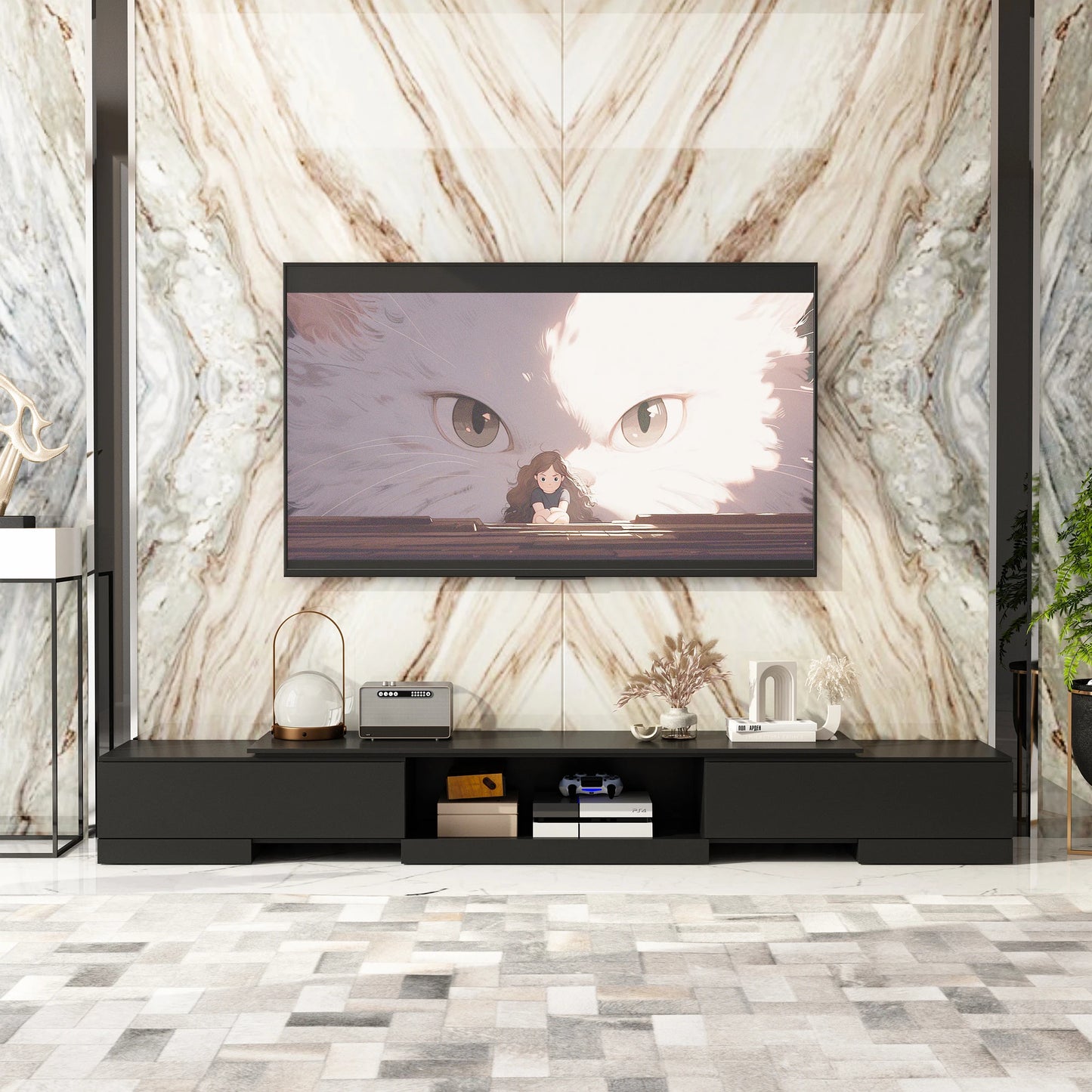 FUFU&GAGA Expandable 94 Inch TV Stand with Storage Credenza, Media Console Cabinet with Wide Desktop for Living Room, Black ﻿