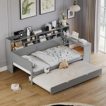 Twin Size Daybed with Trundle, Side Bookcase and Desk, Pine Wood Captains Bed with Storage Shelves Headboard , Customized