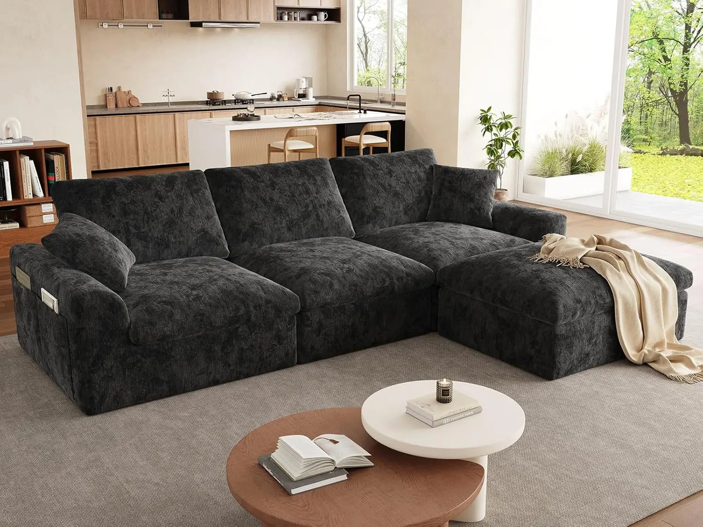 119" Cloud Couch Sectional for Living Room, Oversized Boneless Couches with Ottoman, Convertible L Shaped 3 Seater, Customized