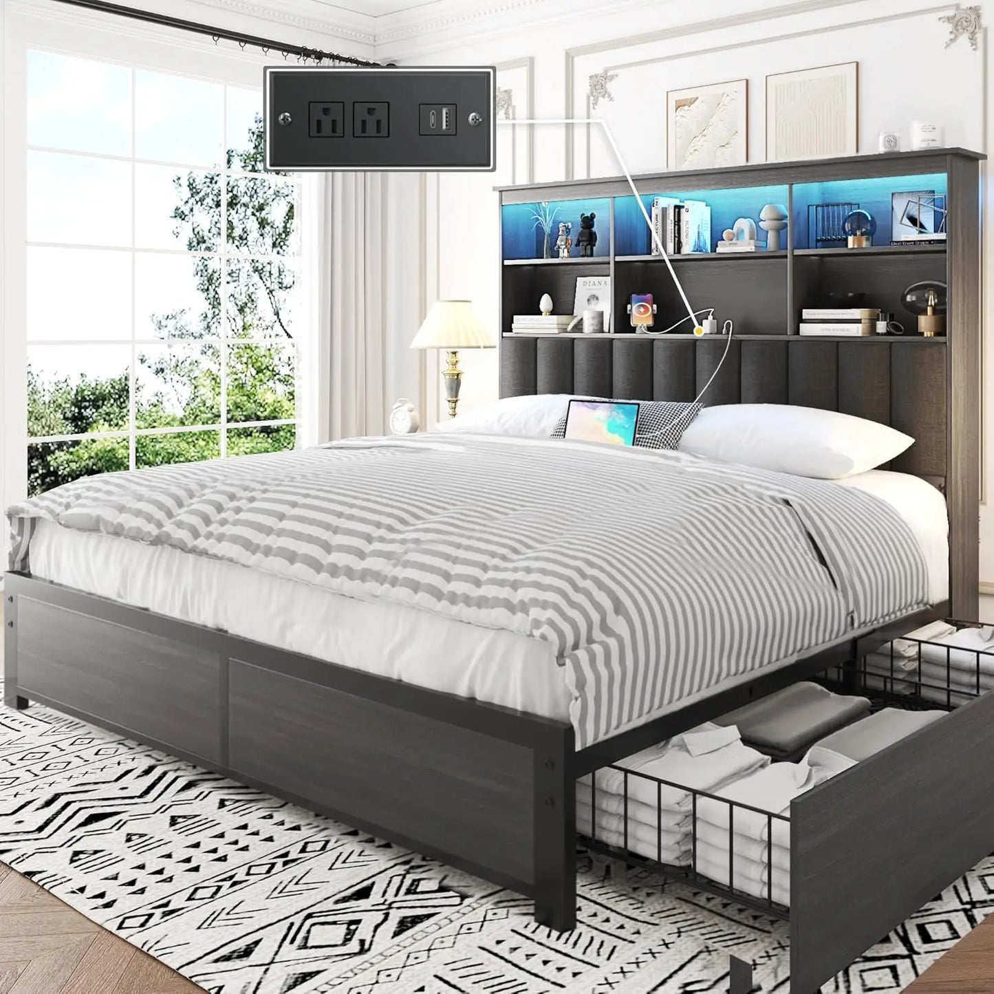 Queen Bed Frame with Headboard, Queen Bed Frame with High Storage Bookcase Headboard, 4 Storage Drawers & Charging, Customized