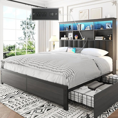 Queen Bed Frame with Headboard, Queen Bed Frame with High Storage Bookcase Headboard, 4 Storage Drawers & Charging, Customized