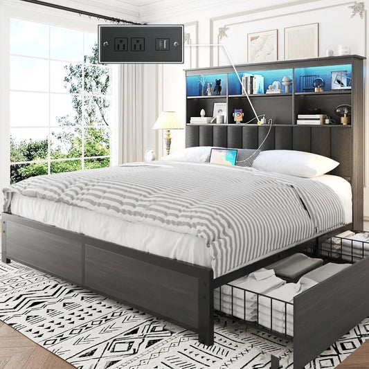 Queen Bed Frame with Headboard, Queen Bed Frame with High Storage Bookcase Headboard, 4 Storage Drawers & Charging, Customized