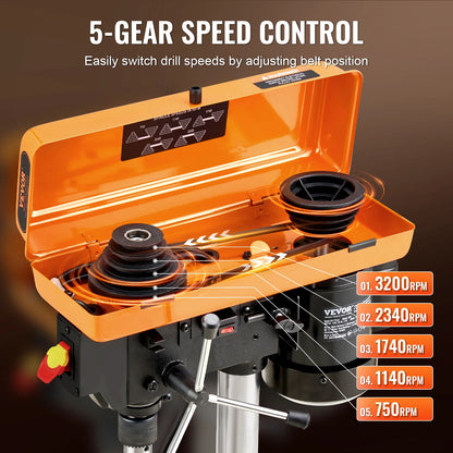 SucceBuy 8in Benchtop Drill Press 2.3A Induction Motor Tabletop Drilling Machine 5-Adjustable Speed & LED Work Light Wood Metal