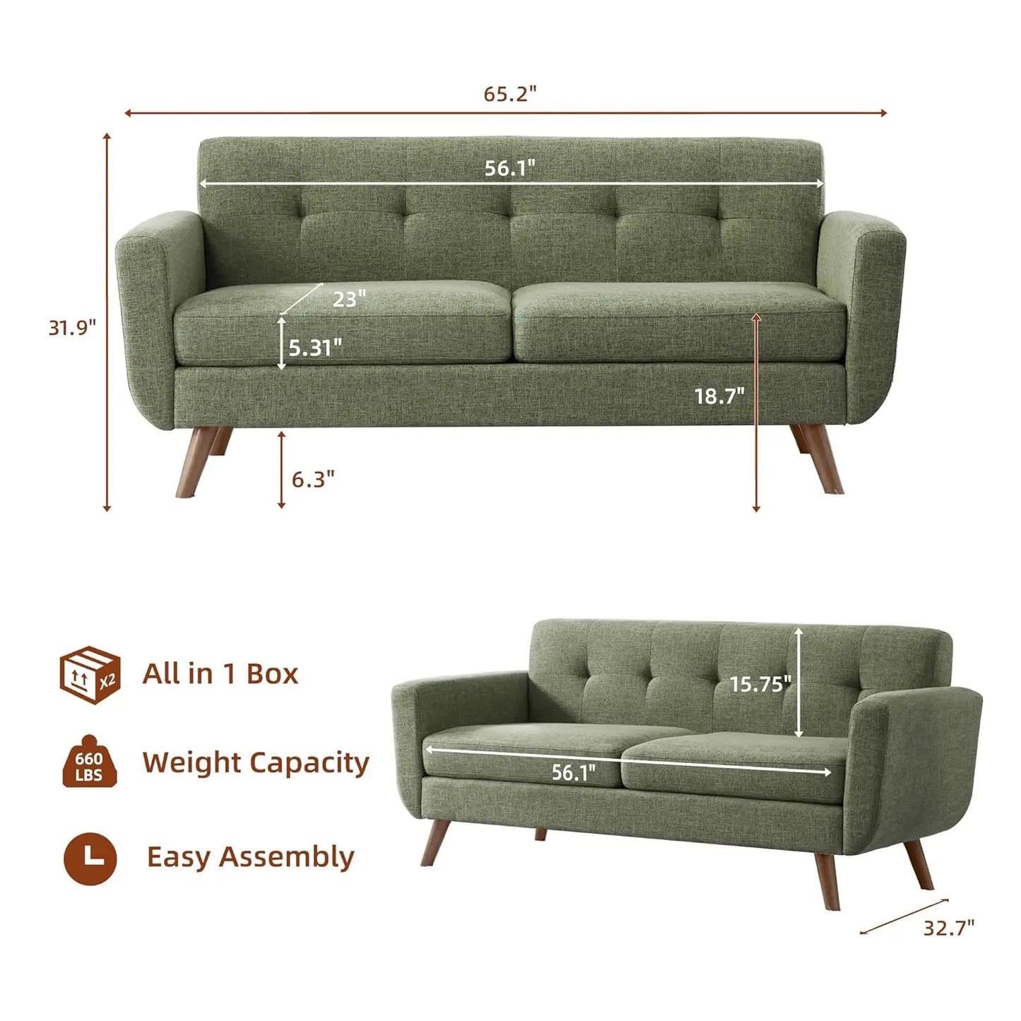 65"W Loveseat Sofa, Mid Century Modern Couches Love Seats For Living Room, Button Tufted Upholstered Small Couch, Customized