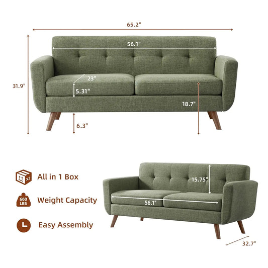 65"W Loveseat Sofa, Mid Century Modern Couches Love Seats For Living Room, Button Tufted Upholstered Small Couch, Customized