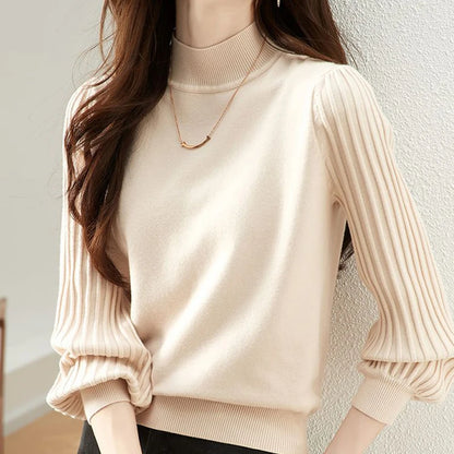 Women Half High Collar Base Sweater Autumn And Winter Casual Solid Knitted Tops Pit Stripe Long Sleeved Pullover Sweaters