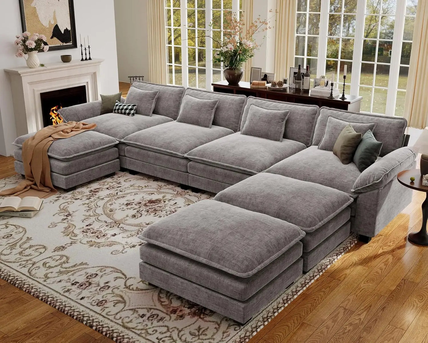 154" Oversized Modular Sectional Sofa, Comfy U-Shaped Cloud Couch w/ 3 Movable Ottomans, 7-Seater Chenille Deep, Customized