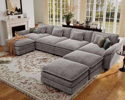 154" Oversized Modular Sectional Sofa, Comfy U-Shaped Cloud Couch w/ 3 Movable Ottomans, 7-Seater Chenille Deep, Customized
