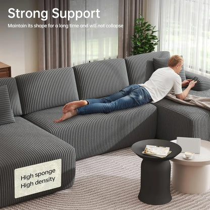 126.2'' modular sectional sofa, convertible u shaped cloud couch with memory foam, corduroy boneless sectional couches for livi