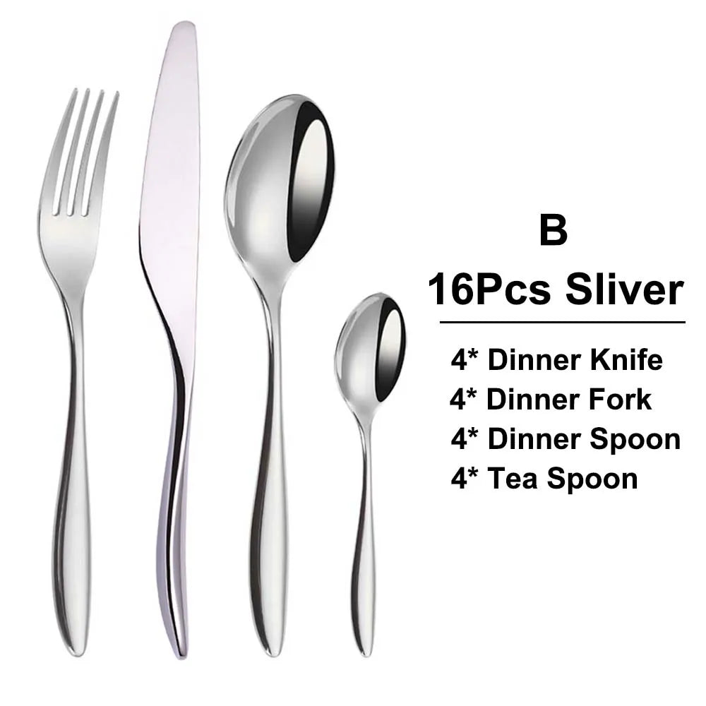 6/16/20/24Pcs Sliver Tableware Stainless Steel 304 Cutlery Set Mirror Knife Fork Spoon Western Dinner Set Smooth Handle Flatware