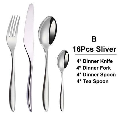 6/16/20/24Pcs Sliver Tableware Stainless Steel 304 Cutlery Set Mirror Knife Fork Spoon Western Dinner Set Smooth Handle Flatware