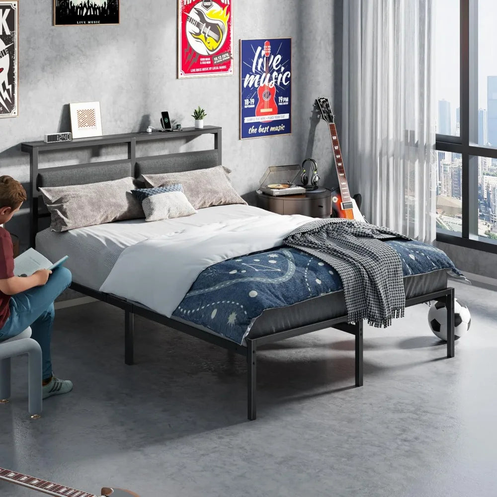 Bed Frame with Headboard, Bed Frame with LED Light and Charging Station, Black Metal Platform Bedframe and Storage Shelf