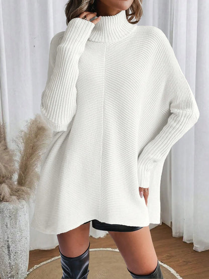 Autumn and Winter New Fashion Woman Sweater Irregular Hem Turtleneck Pullover Long Sleeve Knit Top
