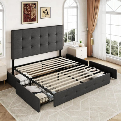 Upholstered Queen Size Platform Bed Frame with 4 Storage Drawers and Headboard, Square Stitched Button Tufted