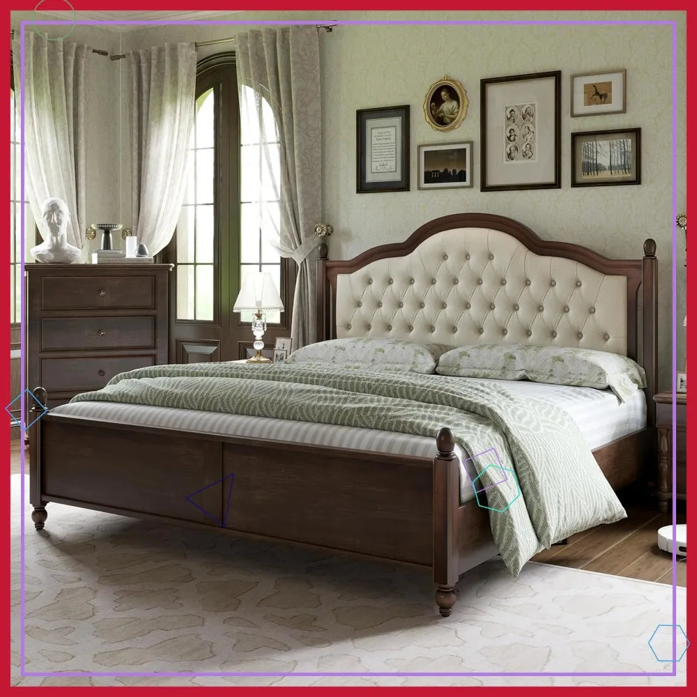 King Size Solid Wood Platform Bed with Upholstered Headboard, Roman Column Accents, No Box Spring Needed