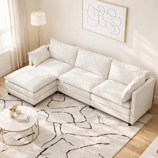 108" L Shaped Couch, Modular Sectional Sofa, Chenille Cloud Couch with Movable Ottoman, 3 Deep Seat Small Sectional, Customized
